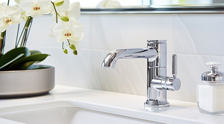 Changer un robinet de salle de bain : exemple d’un mitigeur neuf installé avec une plante verte et un distributeur de savon vintage