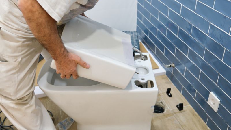 un plombier installant le reservoir des toilettes sur la cuvette 