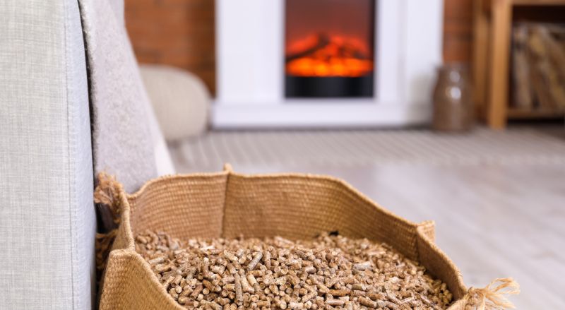 gros plan sur un sac avec granules de bois pres du canape dans un salon et en arriere plan une cheminee 