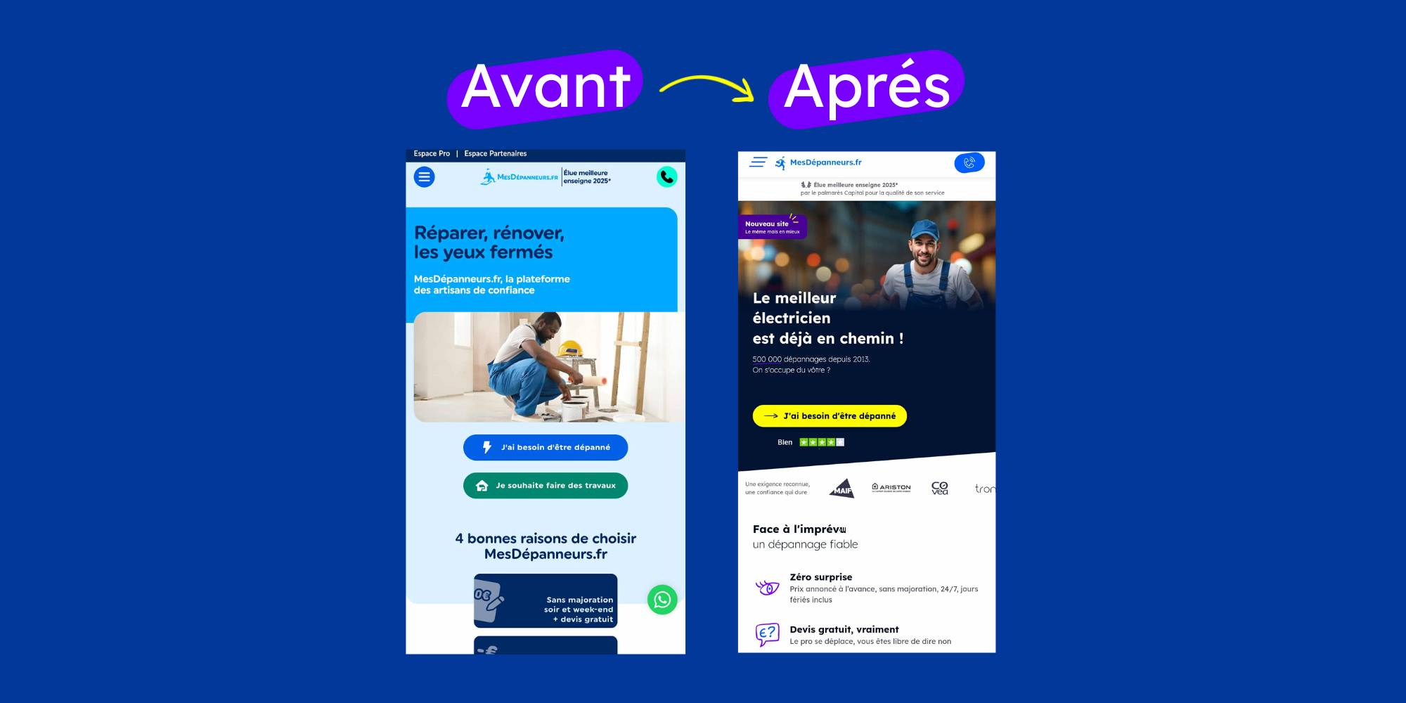 homepage avant/aprés du site MesDépanneurs.fr