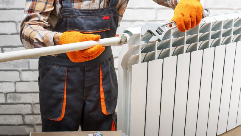 chauffagiste vissant un tuyau sur un radiateur pour procéder au désembouage