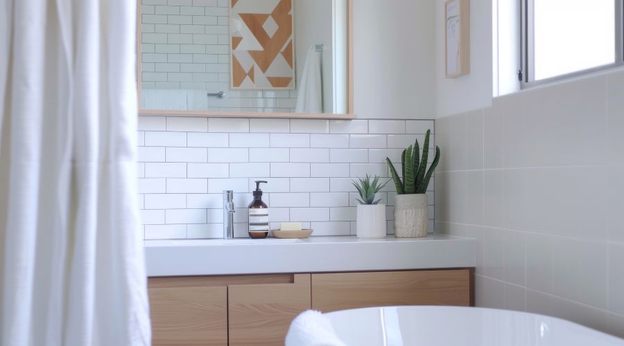 Petite salle de bain zen avec matériaux simples et naturels reflétant ce qu'on peut attendre d'une rénovation de salle de bain de 6 m2 pour un prix moyen