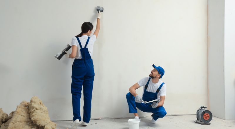 professionnels platrant le mur avec des couteaux a mastic a l interieur