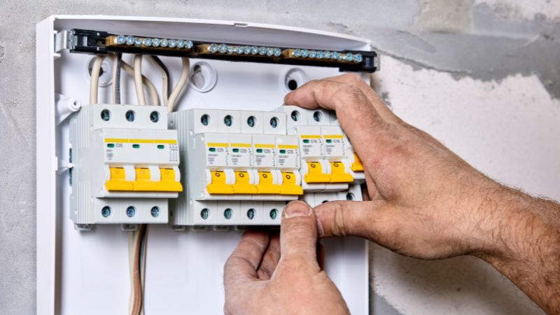 gros plan sur mains d'homme installant des modules sur un tableau électrique en cours de montage 