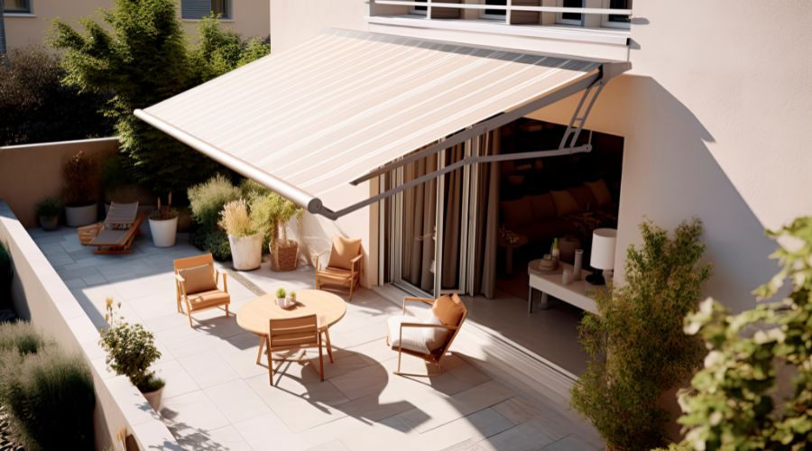 jolie terrasse d'appartement ombragée par un store banne beige