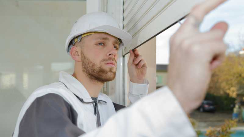 un professionnel inspecte les lames d un volet roulant bloque a mi hauteur