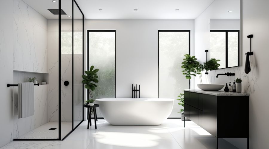 salle de bain noir et blanc avec douche à l'italienne en marbre et paroi fixe noir mat