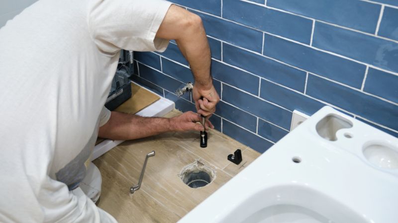 Plombier en train de préparer l'installation d'un nouveau WC en retirant l'ancien pour un remplacement