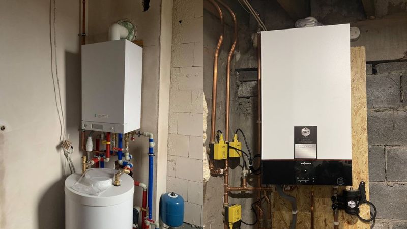 deux photos de chaudières Viessmann Vitodens 100 installées en sous-sol ou local technique