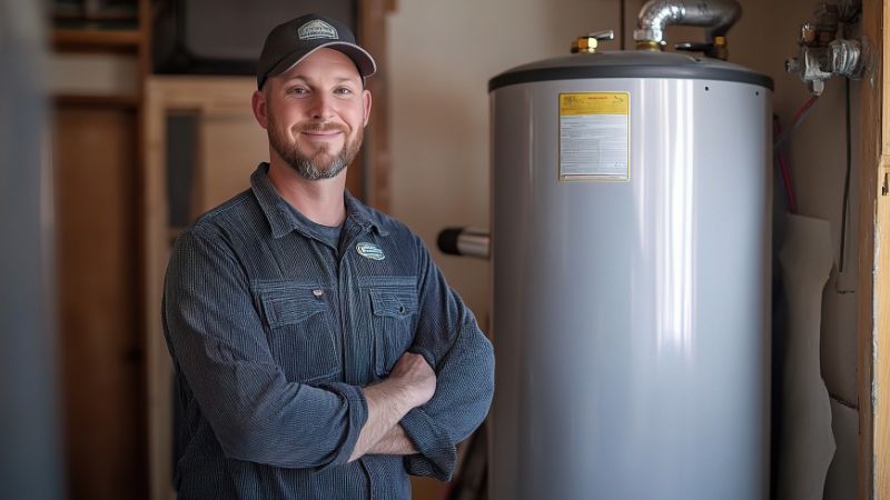 plombier devant un chauffe-eau de 300 L pour illustrer le concept du prix de pose 