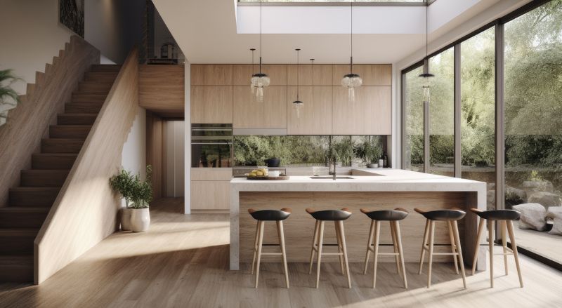 cuisine en bois sans poignees ouverte dans un espace de vie style loft