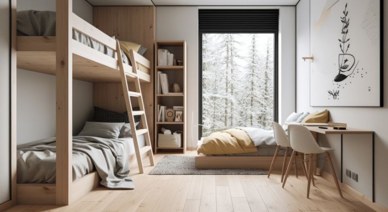 chambre d ados minimaliste avec un lit double un lit simple et un lit en mezzanine