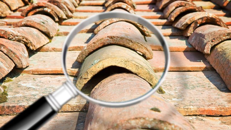 Tuile ancienne légèrement décalée, observée à la loupe, pouvant laisser passer l’eau en cas de forte pluie – risque de fuite dans la toiture.