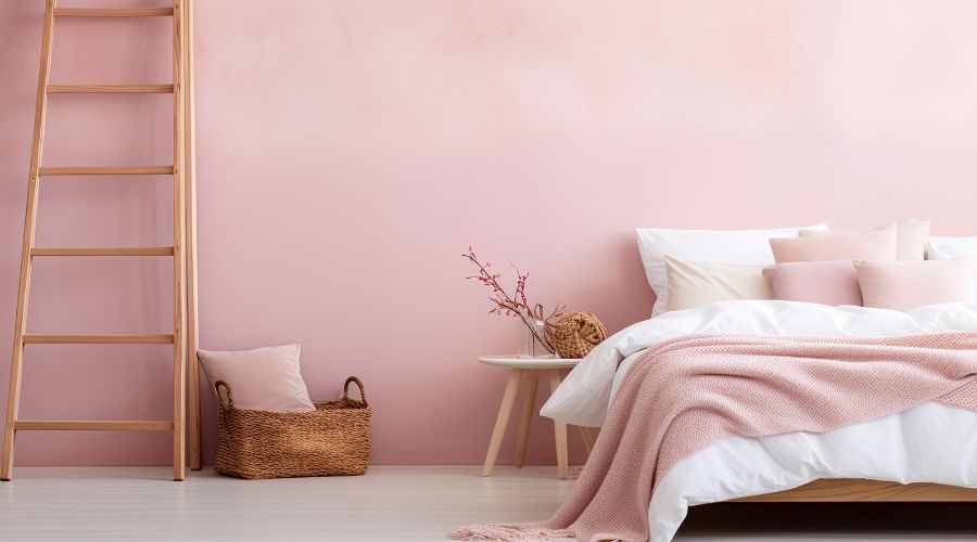 chambre au decor minimaliste avec mur peint en rose poudre plaid en laine rose echelle en bois panier en jonc de mer parure de lit blanche avec rappels de rose 