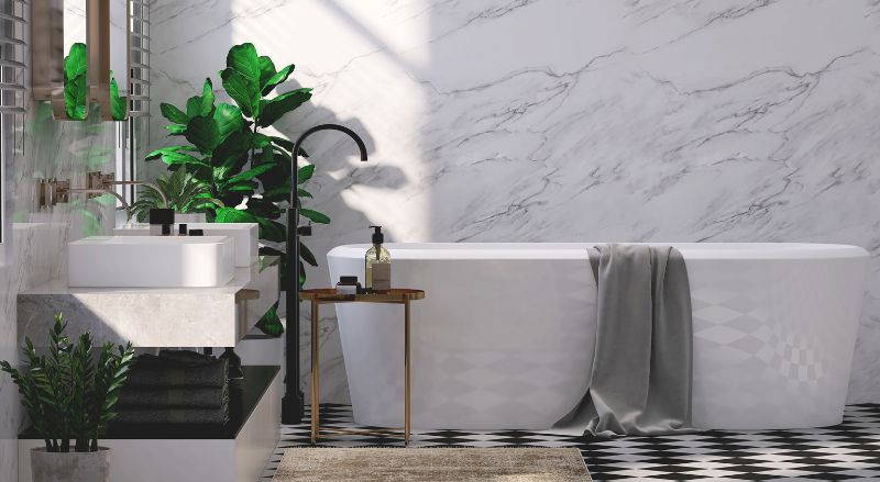 design d interieur de salle de bain en longueur  style de luxe moderne avec beau meuble double vasque en ceramique blanche baignoire ilot carrelage mural en marbre et motif echecs noir et blanc pour le carrelage sol 