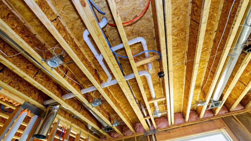 Installation de plomberie visible dans une maison en construction avec vue sur un plafond ouvert, conduites d'évacuation et d'alimentation entre les solives.