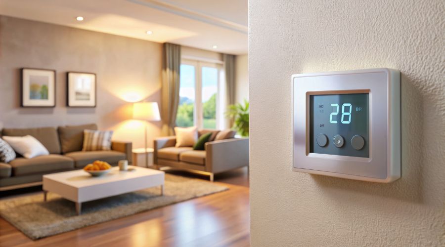 thermostat d'ambiance connecté installé sur un mur avec au second plan un salon chaleureusement éclairé