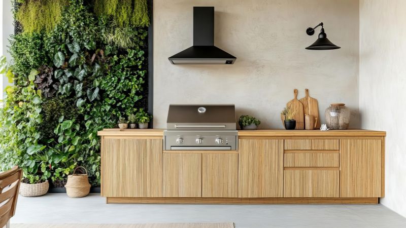 Cuisine extérieure moderne avec meuble en bois clair, barbecue inox intégré et mur végétal vertical en arrière-plan