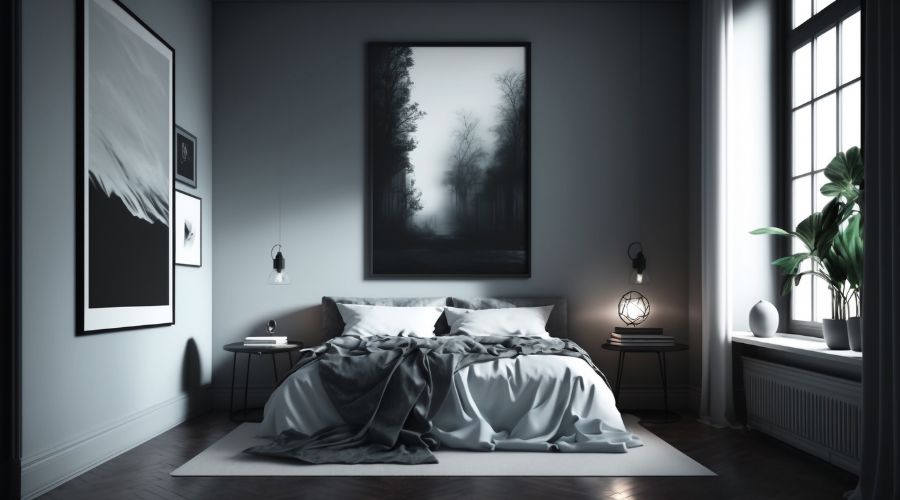 chambre grise confortable avec grand lit dont la parure reste dans la meme palette de tons neutres tableaux noir et blanc tables de chevet noires aux pieds fins grande fenetre et rideaux epais blancs vase blanc