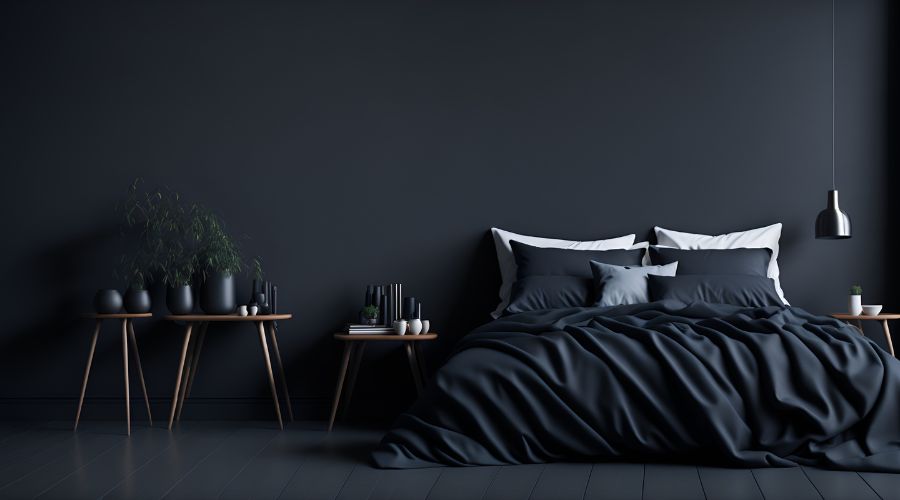 chambre avec peinture noir lit avec draps noirs ambiance contemporaine au design minimaliste