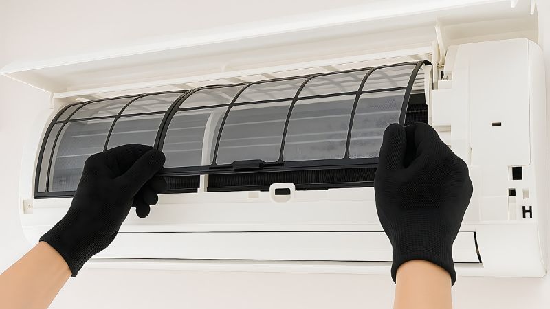 Professionnel replaçant des filtres tout propres sur un split de climatisation, pour illustrer le concept d'entretien, de prestation, de prix
