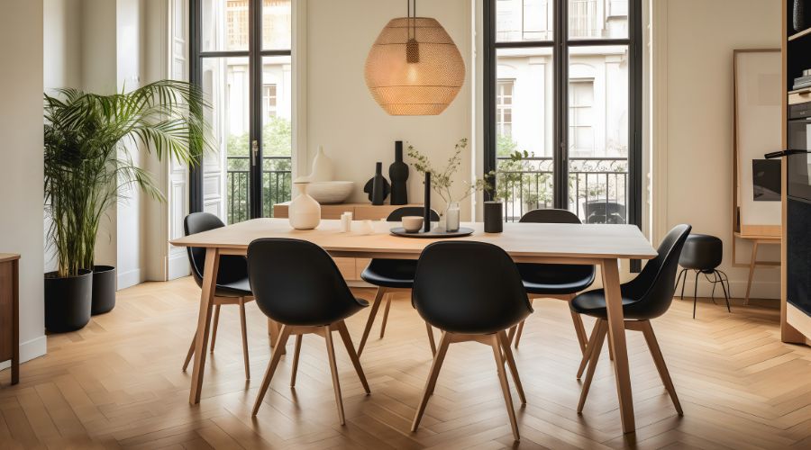 suspension design au-dessus d'une table à manger dans un séjour de type hausmannien