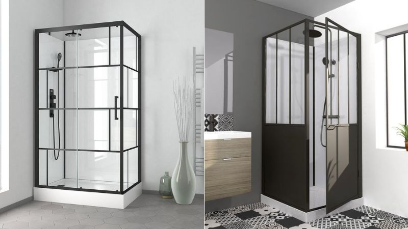 deux images de cabines de douche avec paroi en metal noire type verriere