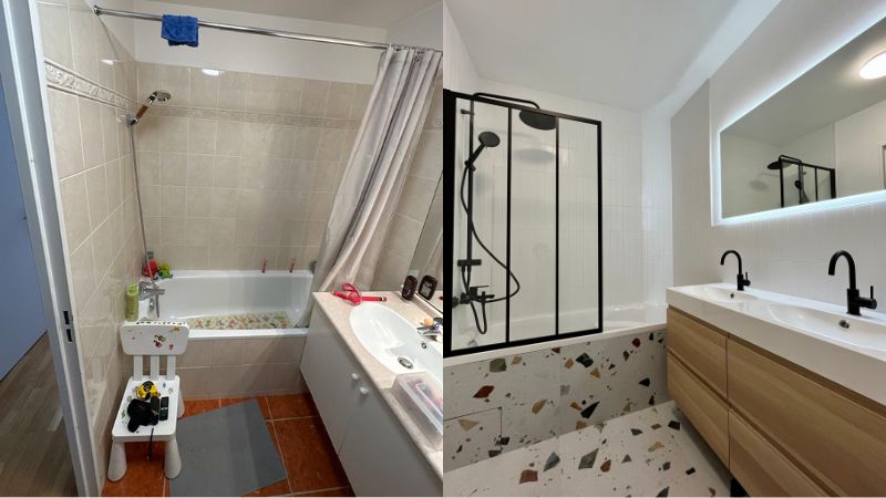 photo avant/après d'une rénovation complète de salle de bain