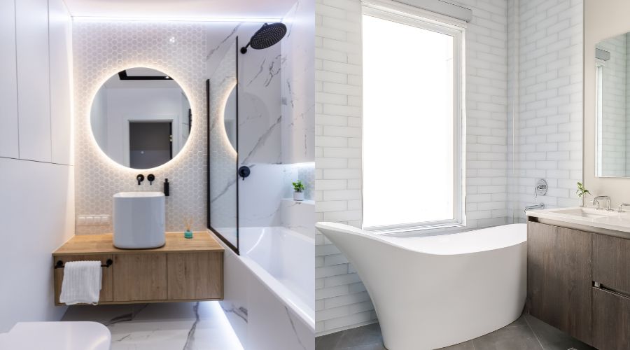 Deux salles de bain contemporaines avec un design minimaliste, des surfaces en béton ciré, marbre, du carrelage métro, et des meubles de rangement en bois