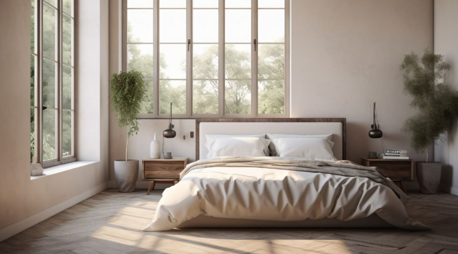 une chambre minimaliste aux tons neutres un blanc entre le gris et le beige un lit double une fenetre en bois blanc donnant sur un paysage serein ainsi qu un parquet en chevrons