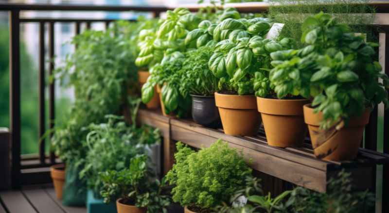 balcon en bois et nombreuses plantes aromatiques en pot