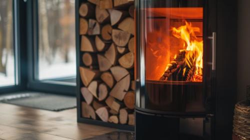 Un feu vif dans un poêle à bois pour illustrer ce qu'il faut faire pour éviter le refoulement des fumées