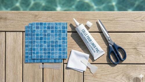 kit pour réparer une fuite de piscine située sur le liner : tube de colle, rustine, ciseaux, posés sur la margelle du piscine