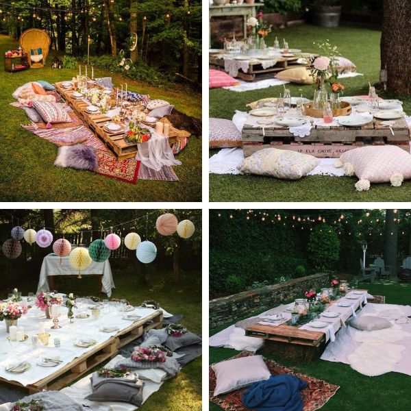 table au sol avec des palettes pour une garden party