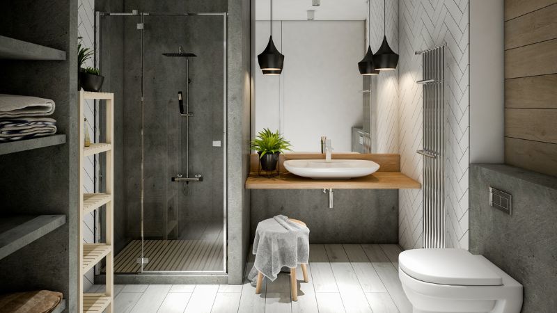 salle de bain moderne avec douche maconnee trois murs et paroi de douche battante