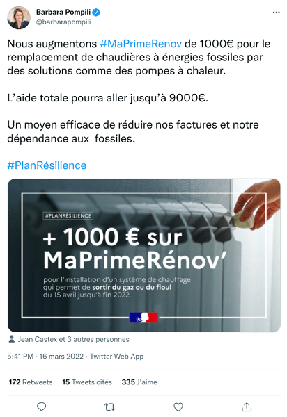 Barbara Pompili a tweeté concernant le relèvement de MaPrimeRénov'