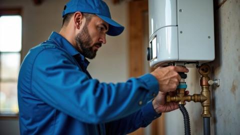 Plombier en tenue de travail procédant à l'installation et au branchement d'un chauffe-eau 