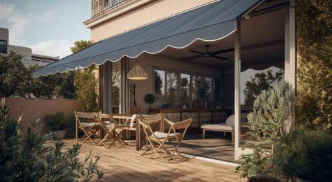 jolie terrasse en bois protegee par un store retractable sombre
