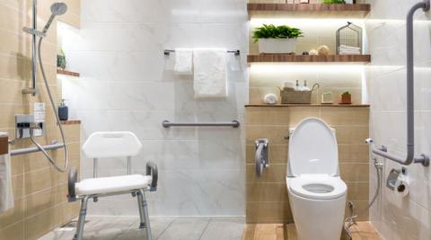 intérieur d'une salle de bain avec douche et WC pour personne handicapée ou senior